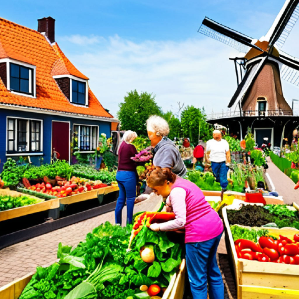 **Image Prompt:** A vibrant, sunny community garden in Amsterdam, overflowing with colorful vegetables, flowers, and herbs. Diverse group of people, including children and seniors, are working together, laughing, and harvesting produce. In the background, traditional Dutch houses and a windmill can be seen.