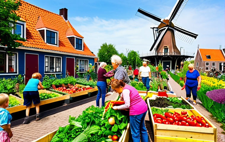 **Image Prompt:** A vibrant, sunny community garden in Amsterdam, overflowing with colorful vegetables, flowers, and herbs. Diverse group of people, including children and seniors, are working together, laughing, and harvesting produce. In the background, traditional Dutch houses and a windmill can be seen.